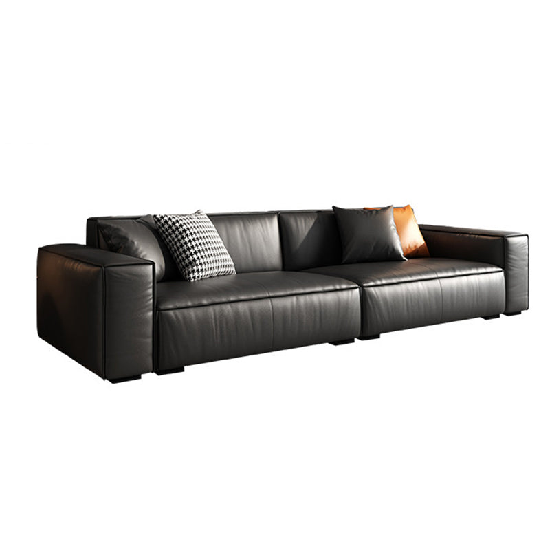 Modern Square Arm Sectional, Genuine Leather Sectional Couch in Black