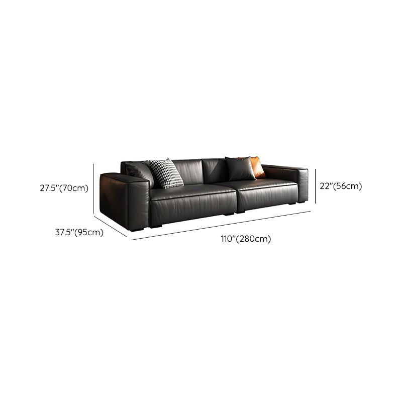 Modern Square Arm Sectional, Genuine Leather Sectional Couch in Black