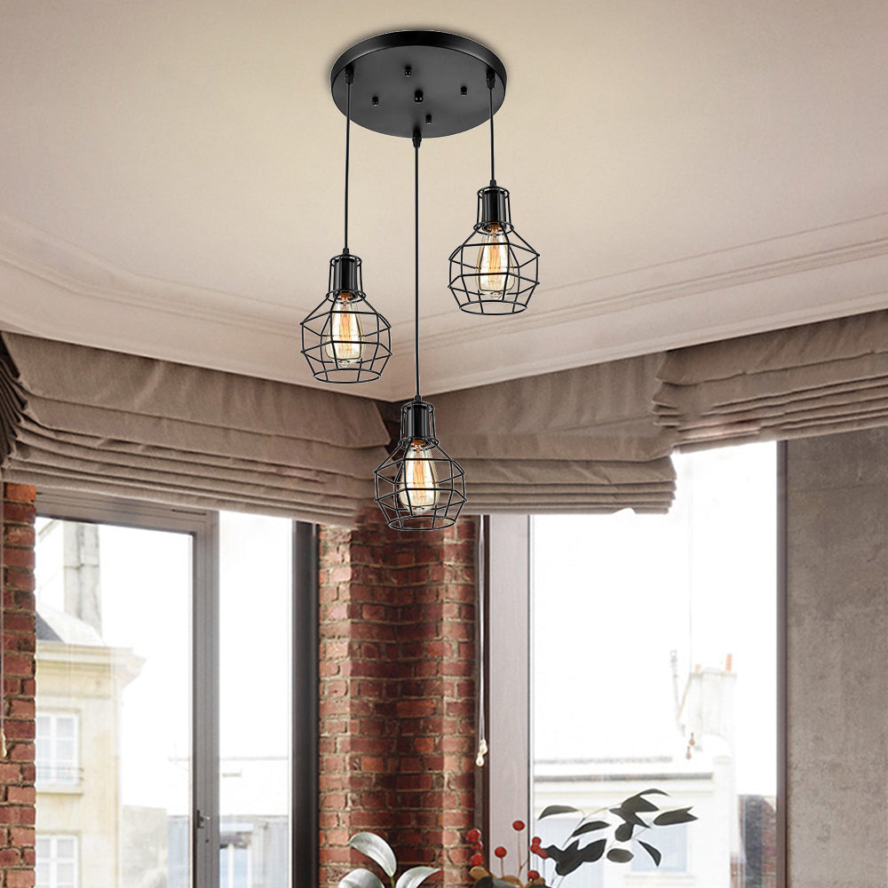 3/7 Heads Hanging Lamp Vintage Global Cage Shade Metallic Pendant Lighting with Round Canopy in Black