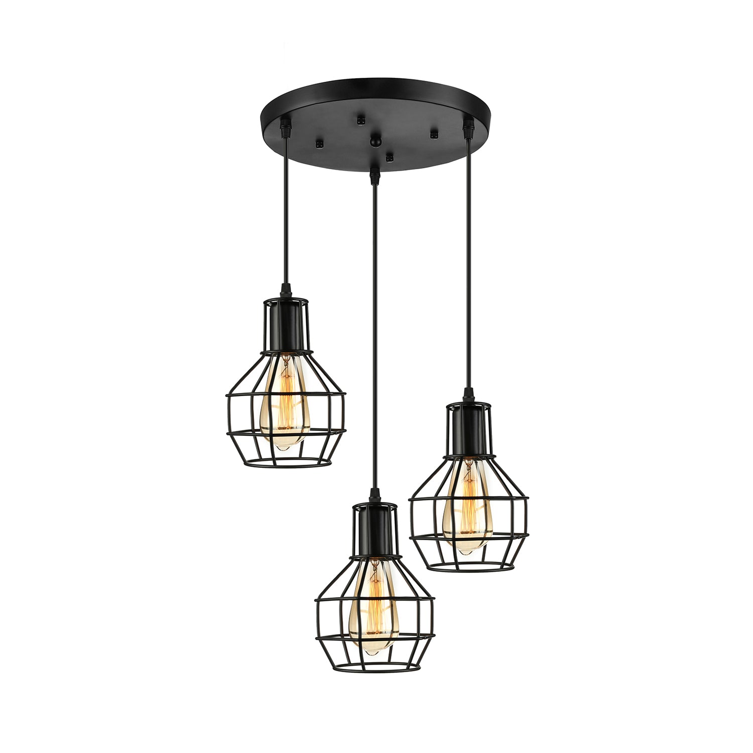 3/7 Heads Hanging Lamp Vintage Global Cage Shade Metallic Pendant Lighting with Round Canopy in Black