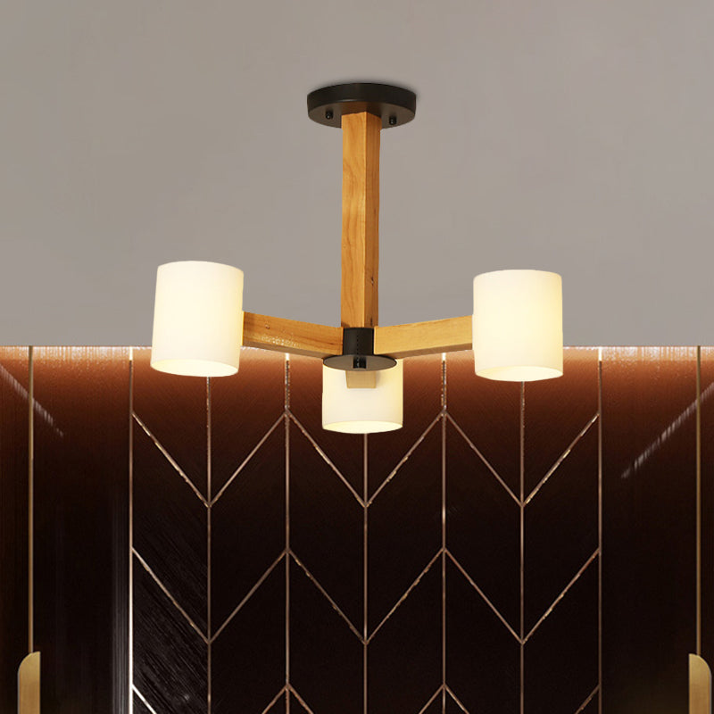 White Cylindrical Shade Pendant Lighting Japanese Stylish Glass & Wood Chandelier for Bedroom