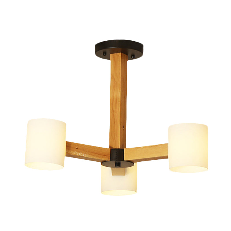 White Cylindrical Shade Pendant Lighting Japanese Stylish Glass & Wood Chandelier for Bedroom