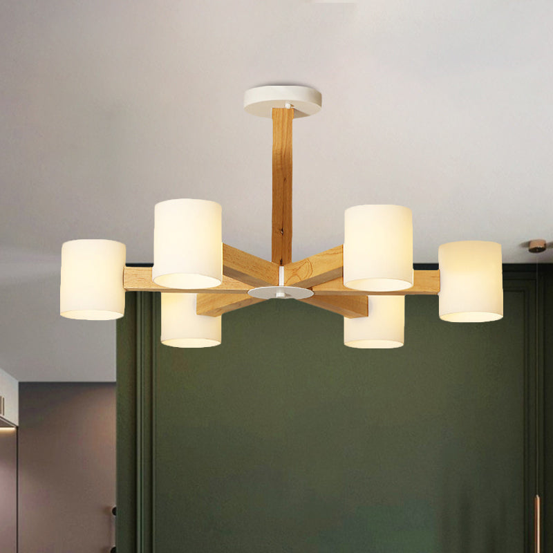 White Cylindrical Shade Pendant Lighting Japanese Stylish Glass & Wood Chandelier for Bedroom