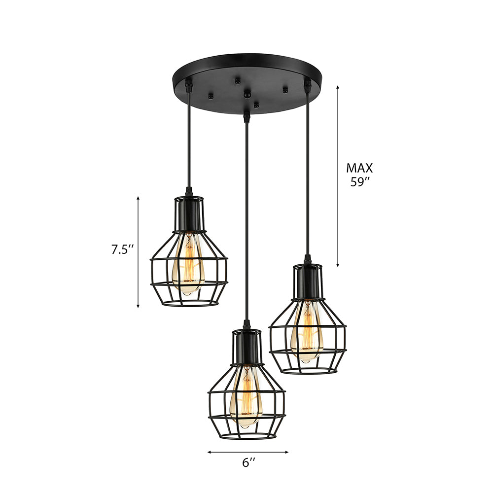 3/7 Heads Hanging Lamp Vintage Global Cage Shade Metallic Pendant Lighting with Round Canopy in Black