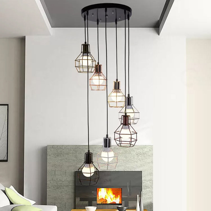 3/7 Heads Hanging Lamp Vintage Global Cage Shade Metallic Pendant Lighting with Round Canopy in Black