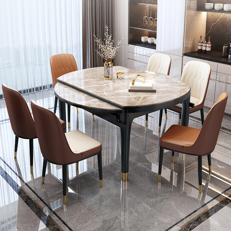Modern Round Extendable Dining Table Stone Tabletop with Black Wood Legs