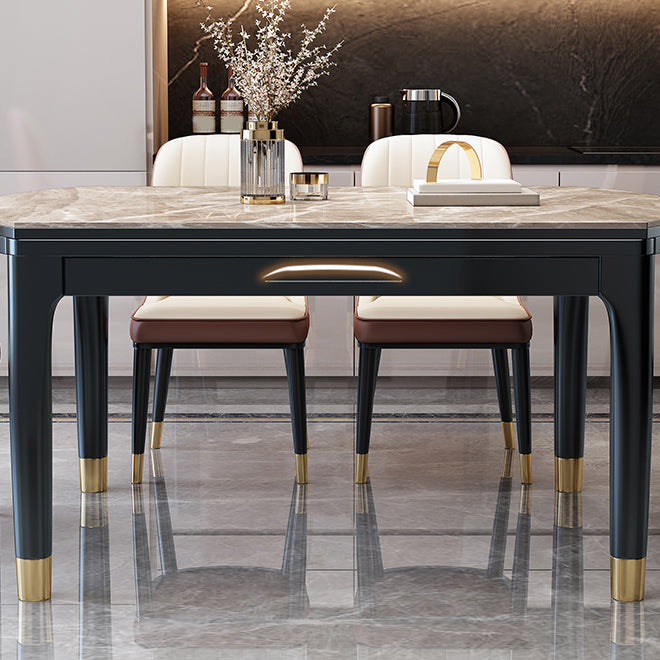Modern Round Extendable Dining Table Stone Tabletop with Black Wood Legs