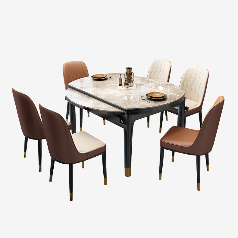 Modern Round Extendable Dining Table Stone Tabletop with Black Wood Legs