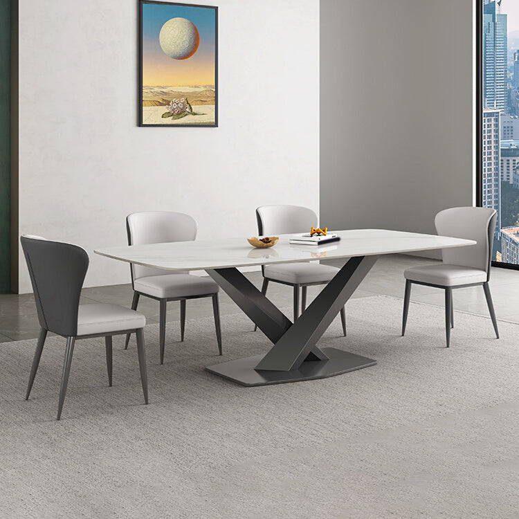 White Stone Top Dining Table Rectangular Tabletop with Metal Pedestal Base