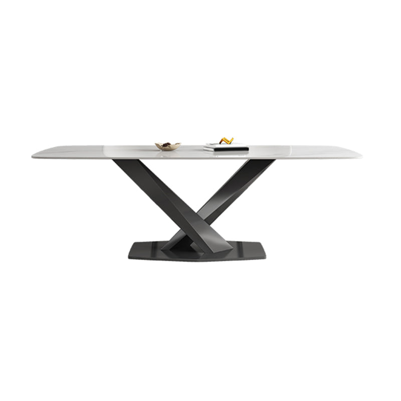 White Stone Top Dining Table Rectangular Tabletop with Metal Pedestal Base