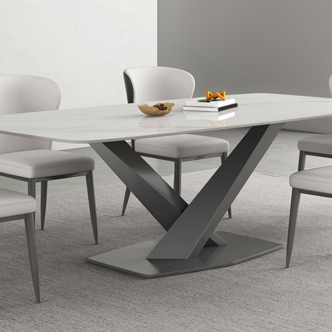 White Stone Top Dining Table Rectangular Tabletop with Metal Pedestal Base