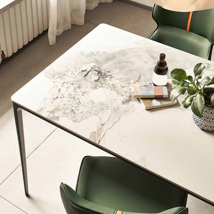 Modern Minimalist White Stone Top Black Base Dining Room Table with 4 Legs Base