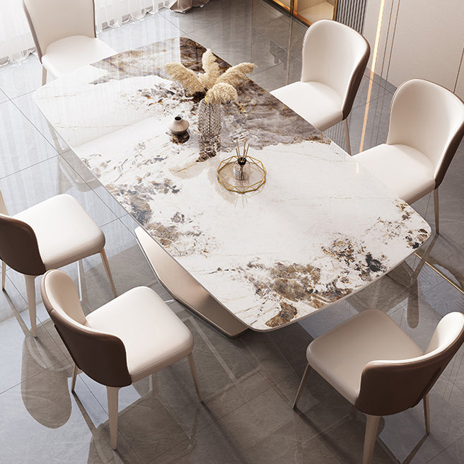 Rectangular Luxury White Stone Top Dining Table with Metal Pedestal