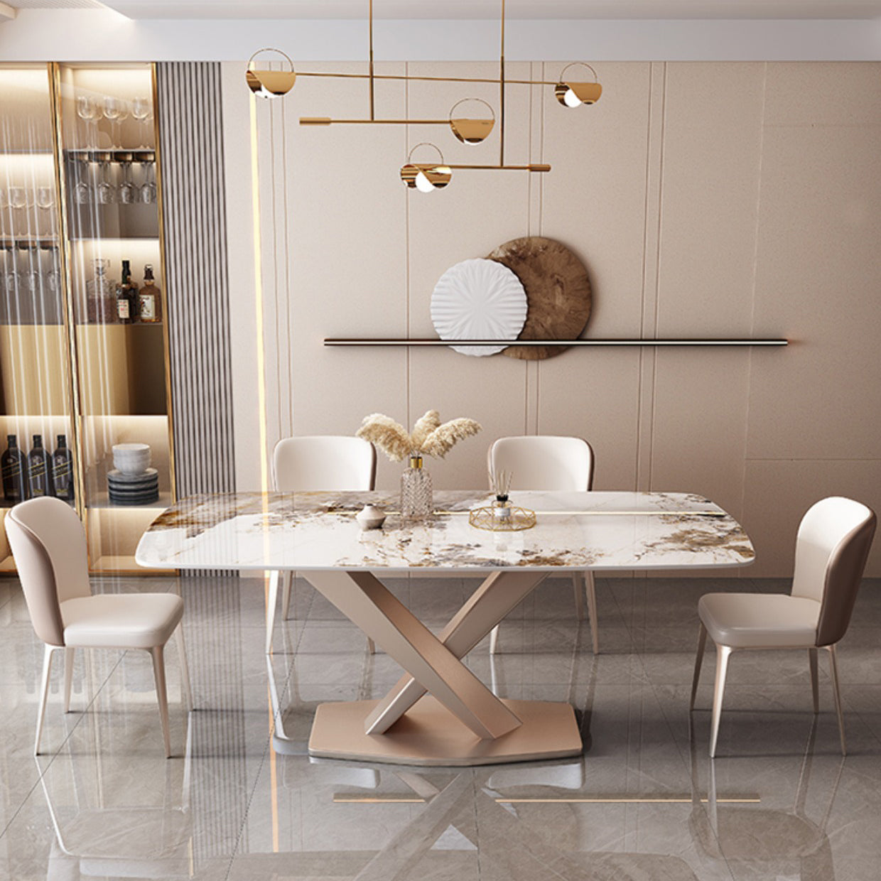 Rectangular Luxury White Stone Top Dining Table with Metal Pedestal