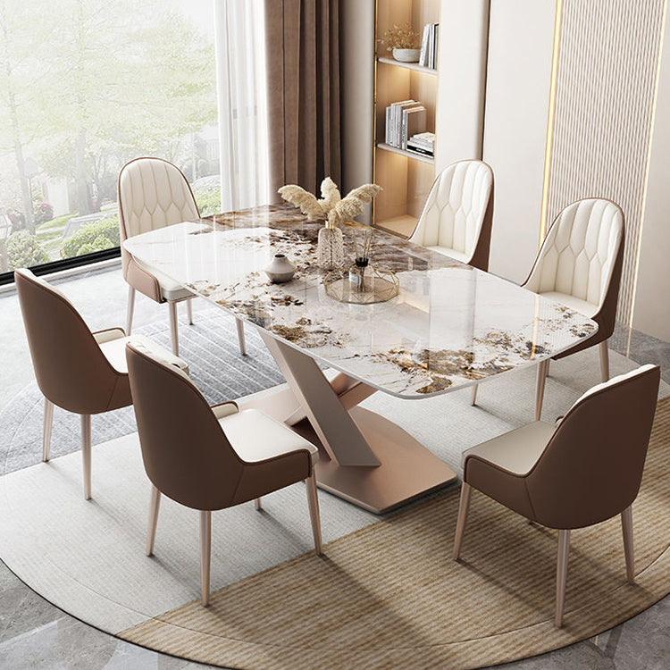 Rectangular Luxury White Stone Top Dining Table with Metal Pedestal