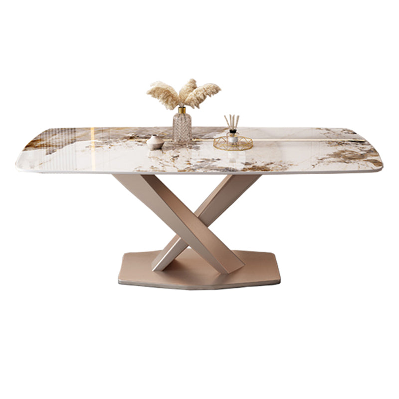Rectangular Luxury White Stone Top Dining Table with Metal Pedestal