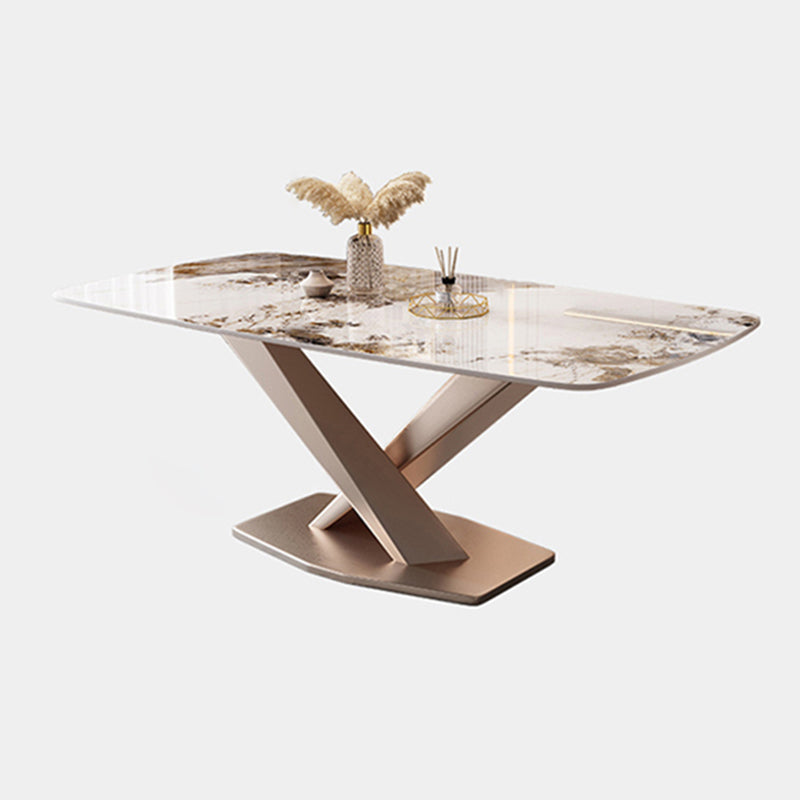 Rectangular Luxury White Stone Top Dining Table with Metal Pedestal