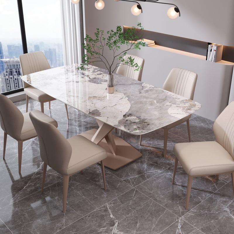 Contemporary Rectangle Sintered Stone Top Metal Base Dining Table with Chairs