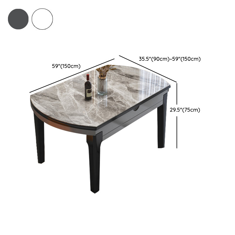 Modern Round Expandable Retractable Stone Top Dining Table with Black Wood Base