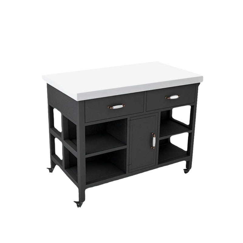 Faux Marble Rectangular Kitchen Island Cart with Black Metal Base