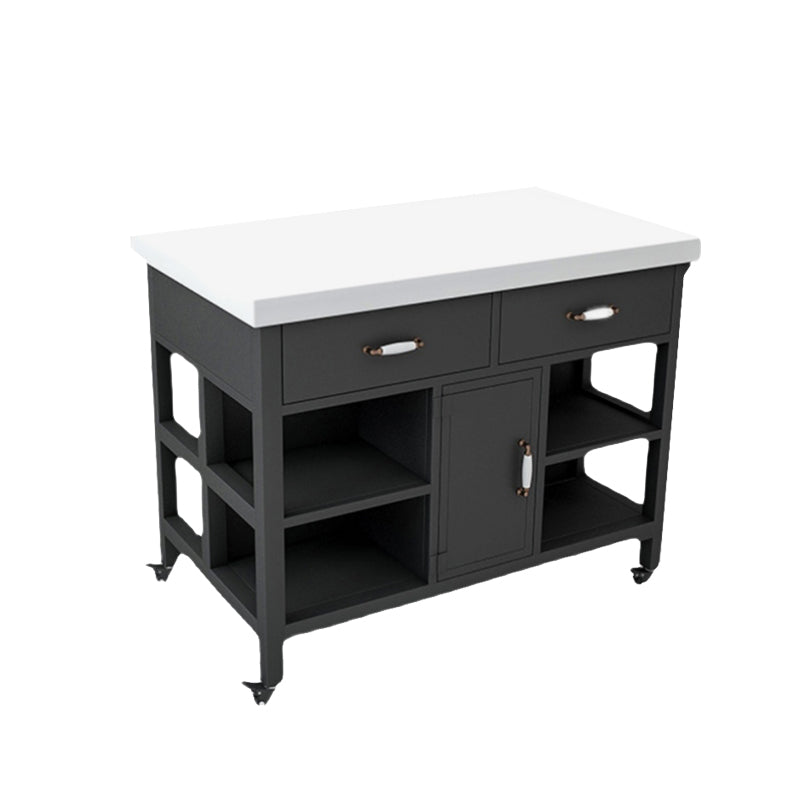 Faux Marble Rectangular Kitchen Island Cart with Black Metal Base