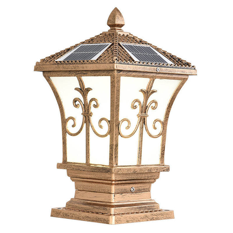Modern Style Iron Solar Energy Pillar Lamp with Acrylic Shade for Outdoor