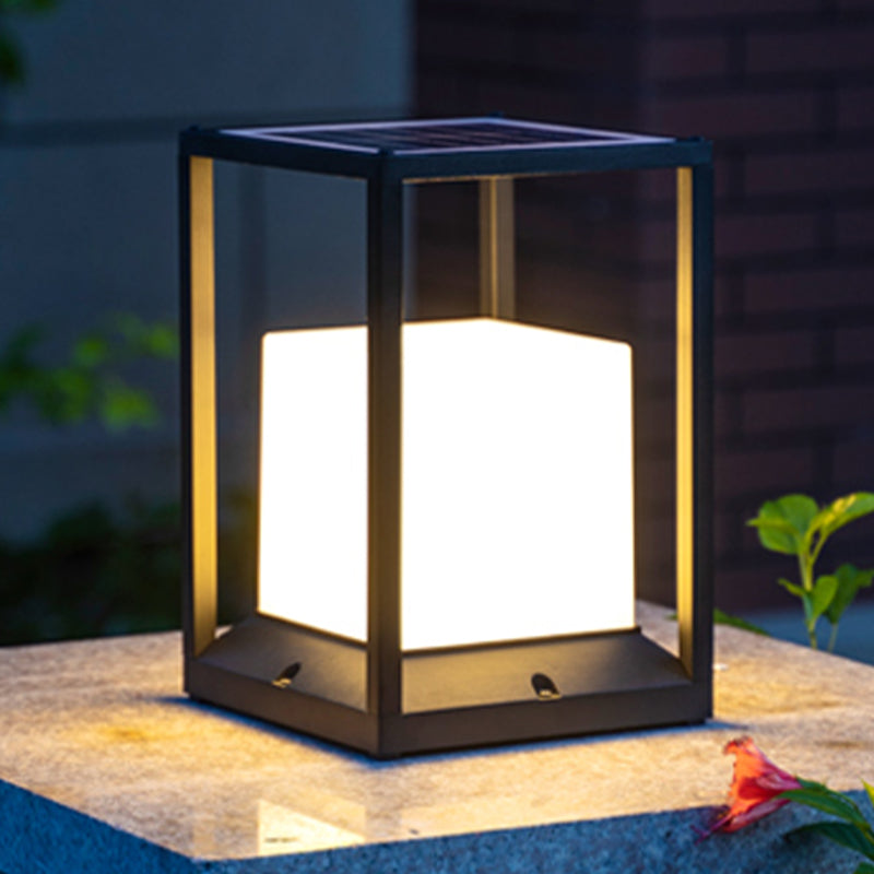 Contemporary Metal Pillar Lamp Rectangle Shape Outdoor Waterproof Light with Acrylic Shade