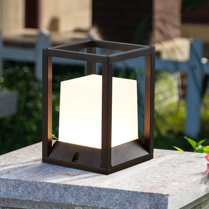 Contemporary Metal Pillar Lamp Rectangle Shape Outdoor Waterproof Light with Acrylic Shade