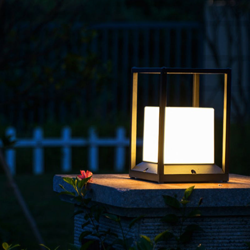 Contemporary Metal Pillar Lamp Rectangle Shape Outdoor Waterproof Light with Acrylic Shade