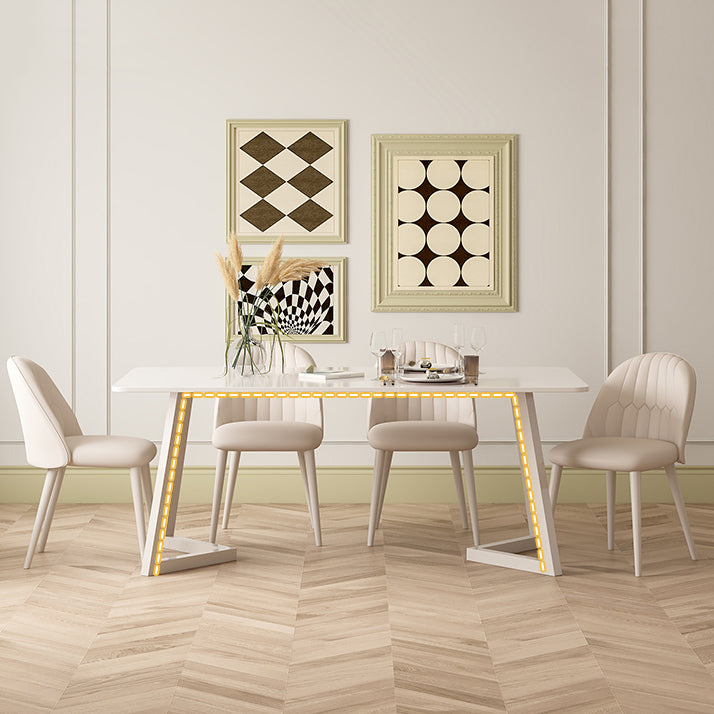 Contemporary Sintered Stone Top Metal Base Dining Table with Chairs in White