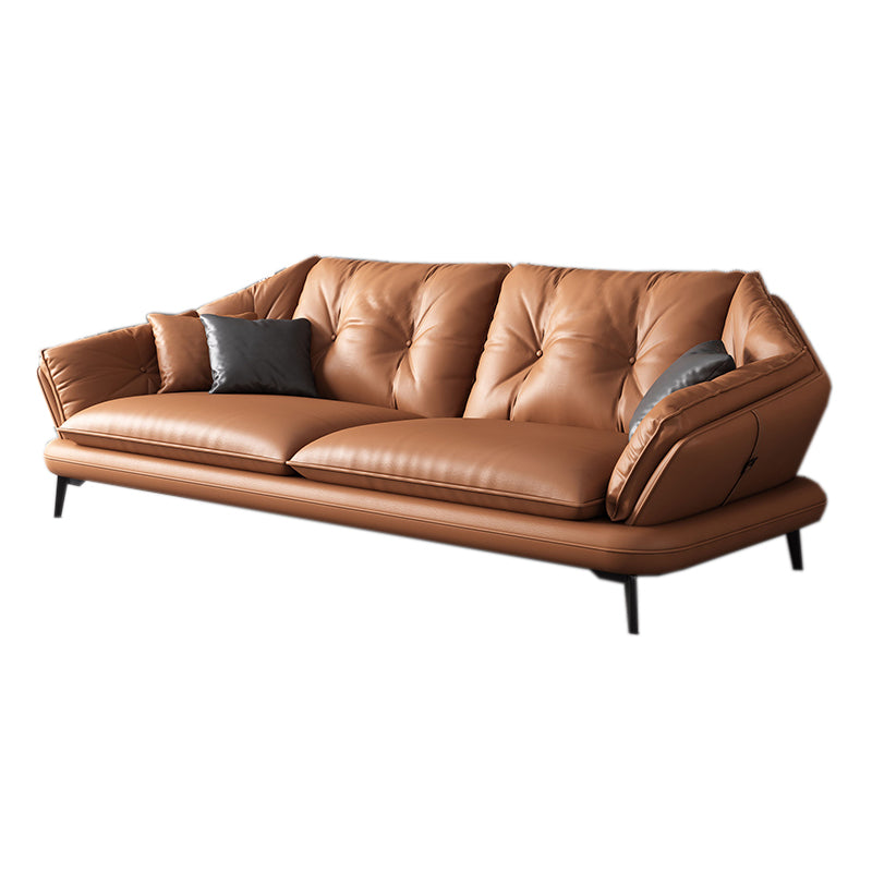 Contemporary Genuine Leather Pillow Top Arm Sofa in Orange for Living Room