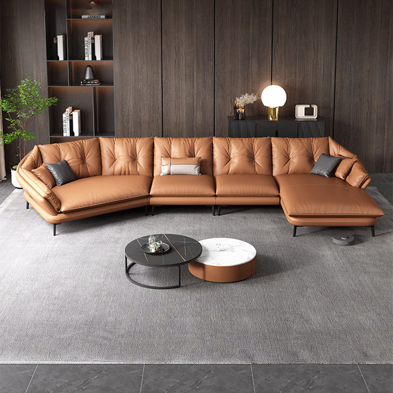 Contemporary Genuine Leather Pillow Top Arm Sofa in Orange for Living Room