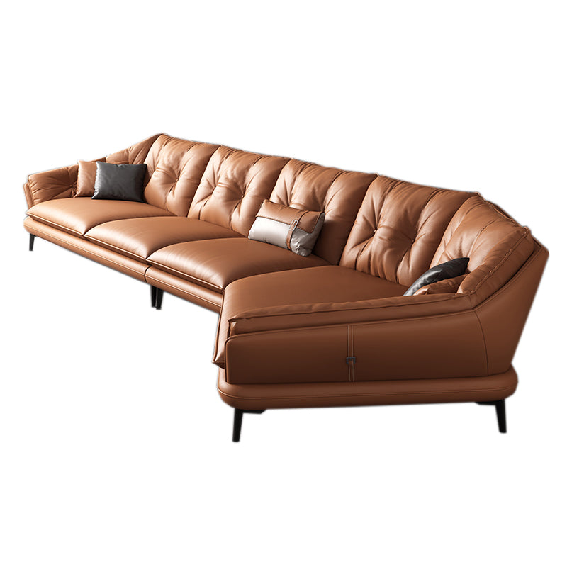Contemporary Genuine Leather Pillow Top Arm Sofa in Orange for Living Room
