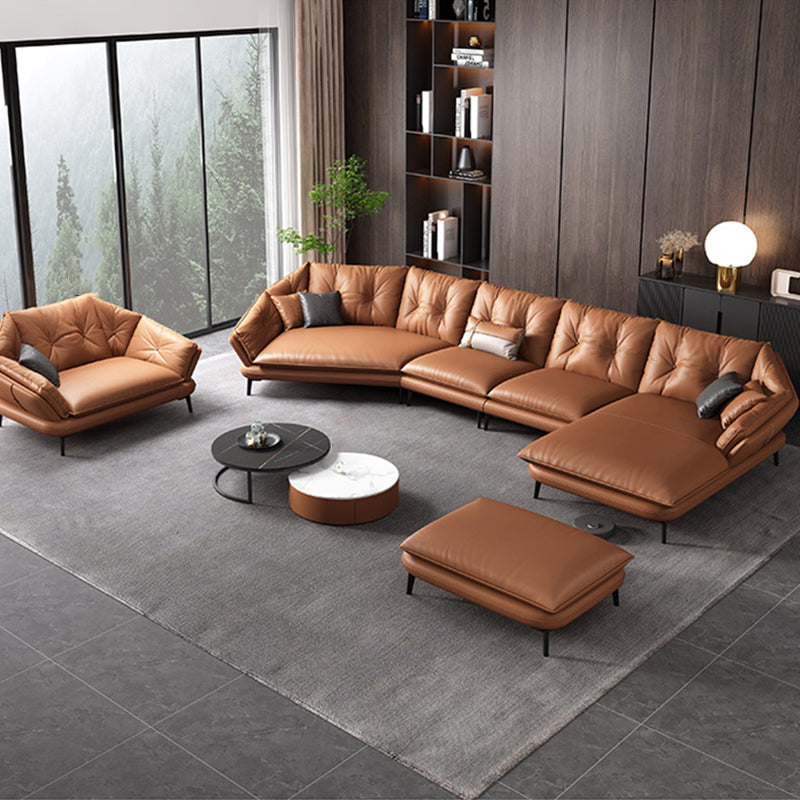 Contemporary Genuine Leather Pillow Top Arm Sofa in Orange for Living Room