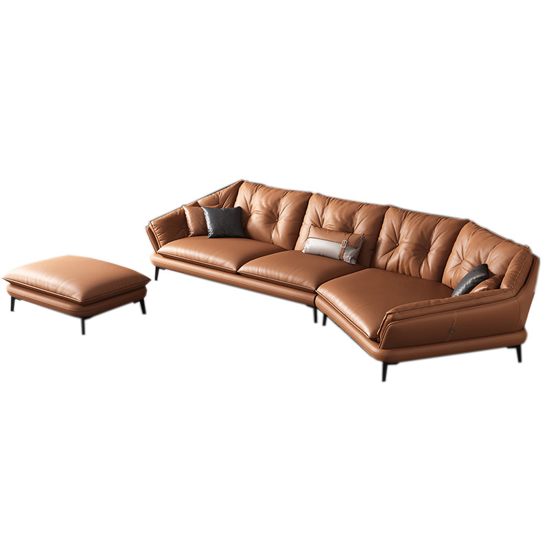 Contemporary Genuine Leather Pillow Top Arm Sofa in Orange for Living Room