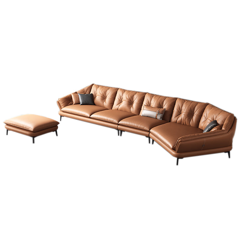 Contemporary Genuine Leather Pillow Top Arm Sofa in Orange for Living Room