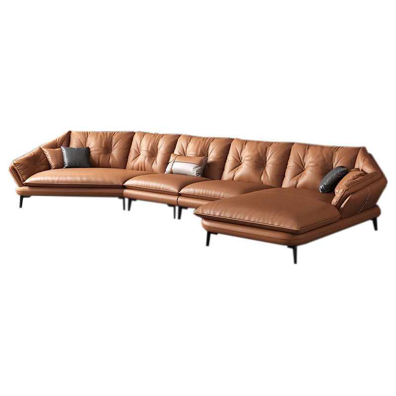 Contemporary Genuine Leather Pillow Top Arm Sofa in Orange for Living Room
