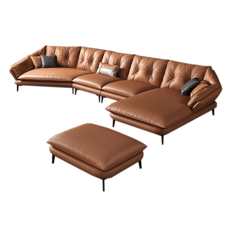 Contemporary Genuine Leather Pillow Top Arm Sofa in Orange for Living Room