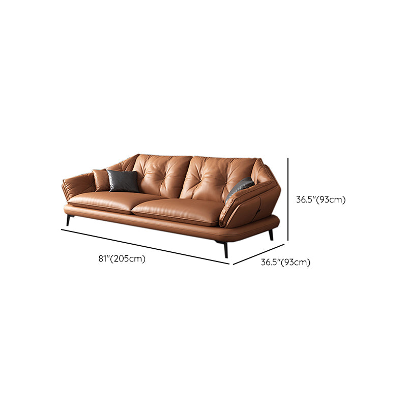 Contemporary Genuine Leather Pillow Top Arm Sofa in Orange for Living Room