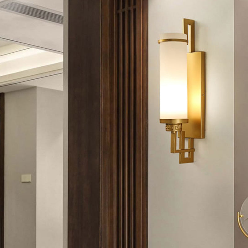1 Light Cylinder Wall Light Fixture Modern Glass in Gold/White
