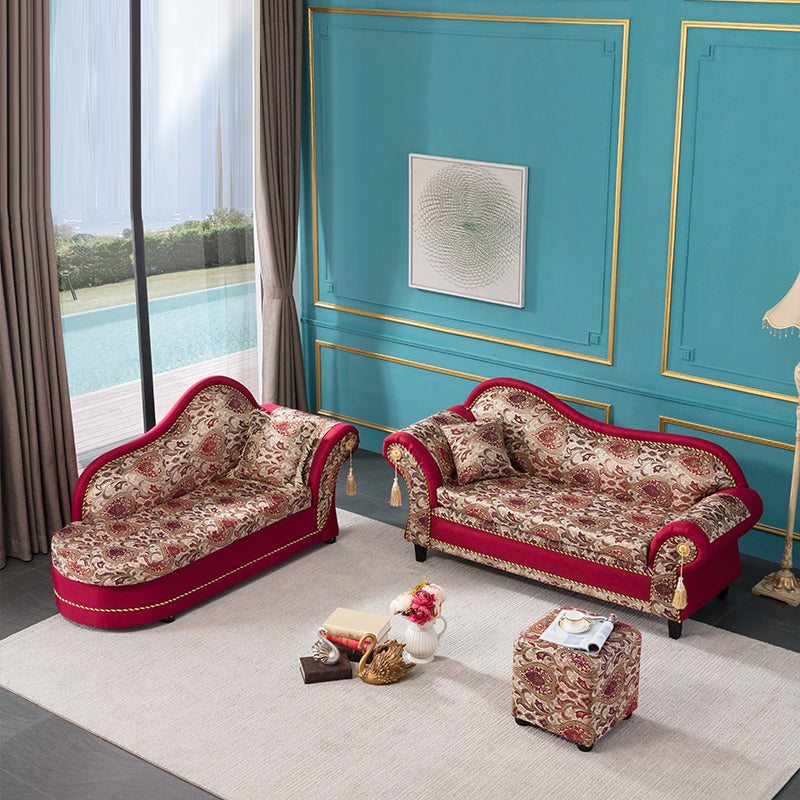 Traditional One Armed Wooden Chaise Red Flared Arms for Living Room