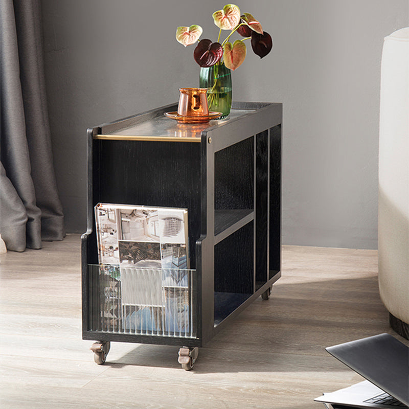 Industrial Sofa Side Accent Table with Glass Top and Storage Shelves