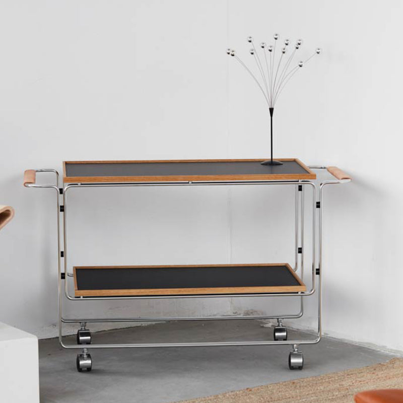 Contemporary Side End Snack Table with Shelf in Steel and Solid Wood