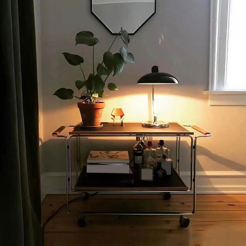 Contemporary Side End Snack Table with Shelf in Steel and Solid Wood