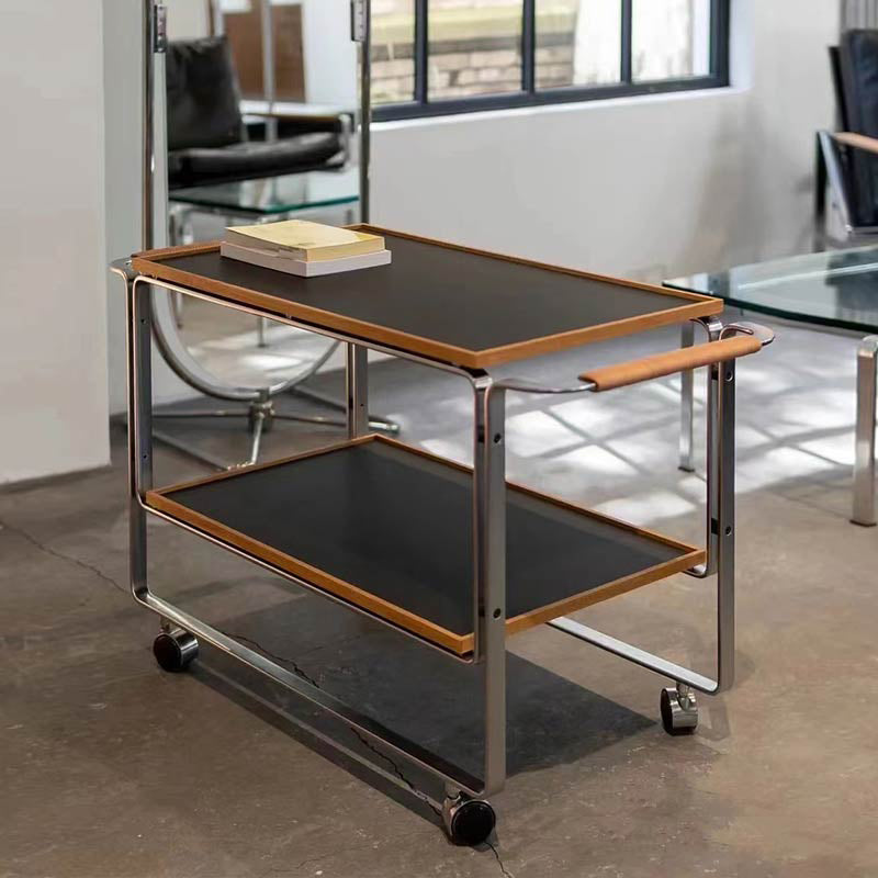 Contemporary Side End Snack Table with Shelf in Steel and Solid Wood