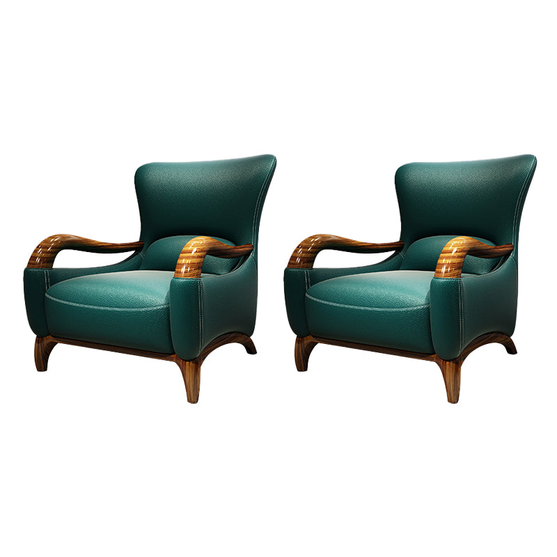 Traditional Wood Living Room Armchair Real Aniline Leather Accent Armchair