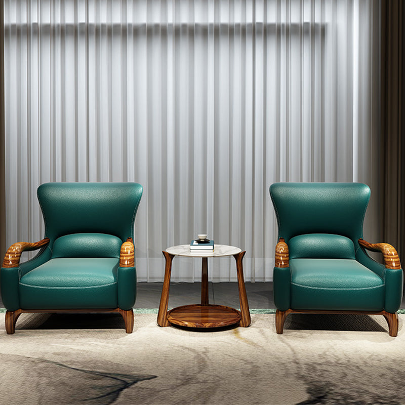 Traditional Wood Living Room Armchair Real Aniline Leather Accent Armchair