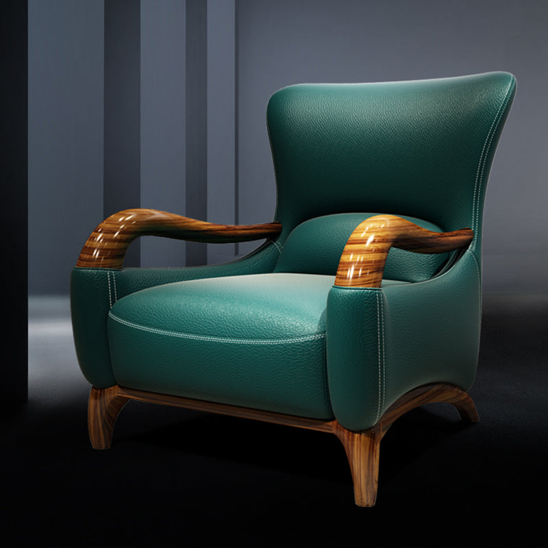 Traditional Wood Living Room Armchair Real Aniline Leather Accent Armchair