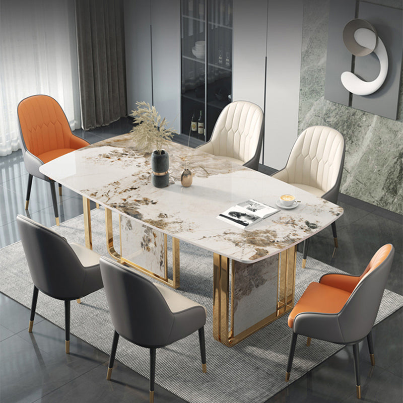 Glam Rectangle Stone Dining Table Metal Bases for Living Room