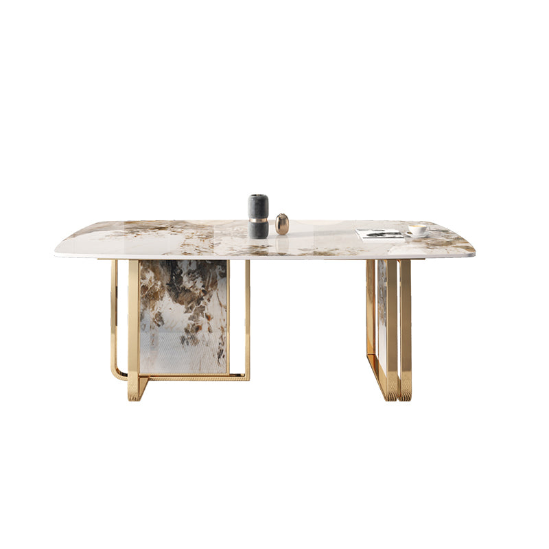 Glam Rectangle Stone Dining Table Metal Bases for Living Room